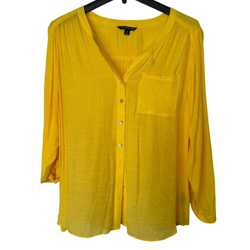 Zac & Rachel Woman Yellow Button-Down Blouse 3X with Roll-Tab Sleeves Gauze Boho
